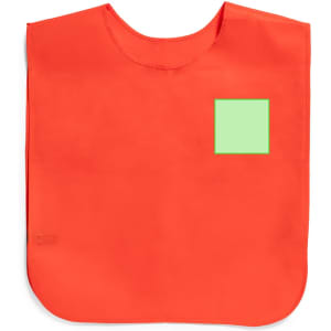 An orange Cambex vest with a green square on the front and a rounded hem. It has a logo in one corner.