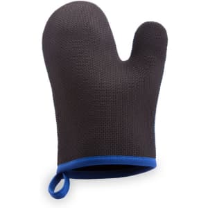 A black kitchen mitten with a textured surface and a blue trim, featuring a loop for hanging.