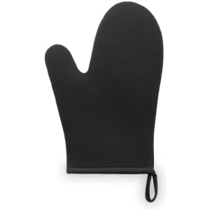 A black kitchen mitten featuring a hook for easy storage and a solid design. It includes a logo on the surface.