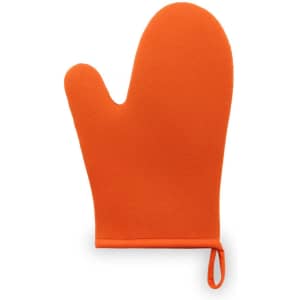 An orange kitchen mitten with a loop for hanging, featuring a solid colour design and a simple shape.