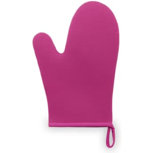 A pink kitchen mitten with a hang loop, designed for heat protection. It has a smooth texture and a simple design.