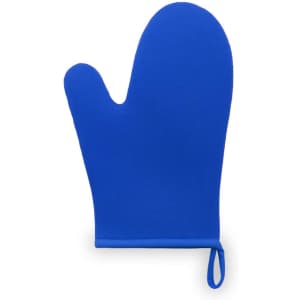 A blue kitchen mitten with a loop for hanging, made of a flexible material, featuring a simple design.