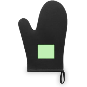A black kitchen mitten with a loop for hanging, featuring a square section in a light green colour.