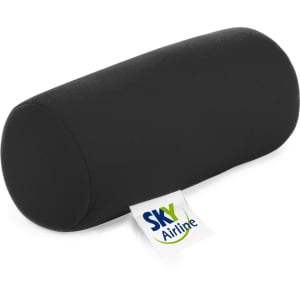 A black cylindrical pillow with a logo label, designed for comfort and support.