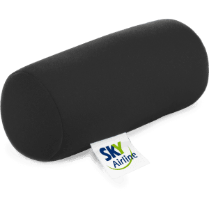 A black travel pillow with a logo, featuring a cylindrical shape and soft fabric. Suitable for home and travel use.