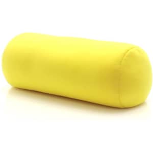 A yellow cylindrical pillow with a smooth fabric cover; it has a logo on one side.