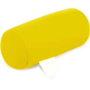 A yellow cylindrical cushion with a soft cover and a small tag attached. It has a plain design.