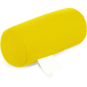 A yellow cylindrical pillow with a soft cover and a small tag attached. It has a smooth texture.