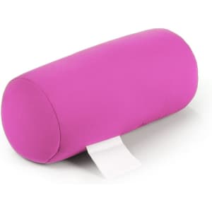 A pink cylinder-shaped pillow with a white tag, designed for home use. It features a smooth, soft surface.