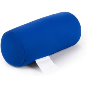 A blue cylindrical pillow with a fabric cover and a white label attached.
