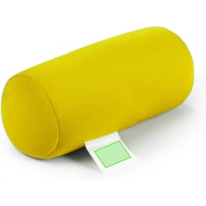 A yellow cylindrical pillow with a small tag, designed for home décor and comfort.