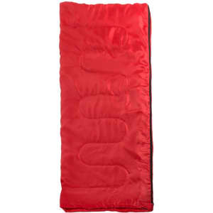 A red sleeping bag with a smooth, padded design and black lining. It features a logo on the exterior.