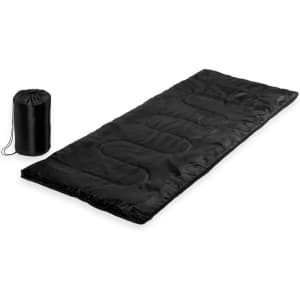 A black sleeping bag laid out flat beside a matching black storage bag.