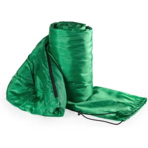 A green sleeping bag is rolled up with the top section partially unzipped, featuring a drawstring closure. It has a logo.