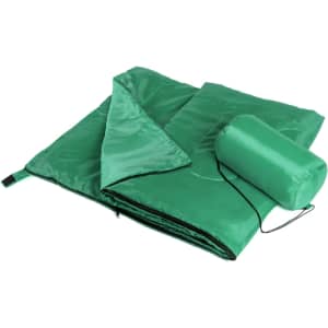 A green sleeping bag laid out flat, with a rolled version beside it. The sleeping bag features a soft texture and has a logo.