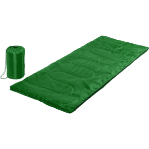 A green sleeping bag beside a matching storage sack, featuring a smooth texture and quilted design.