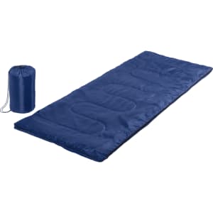 A blue sleeping bag laid out flat next to a matching storage bag, both featuring a smooth, soft texture.