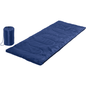 A navy blue sleeping bag laid out beside a matching carry bag. The sleeping bag features quilted sections.