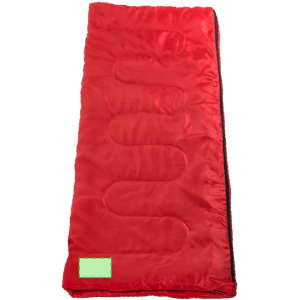 A red sleeping bag with a smooth texture and circular quilted pattern, featuring a logo on the side.