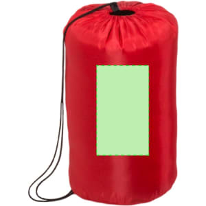 A red sleeping bag with a drawstring closure and an area for branding or design.