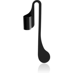 A black bookmark shaped like a musical note, featuring a holder for a pen or pencil.