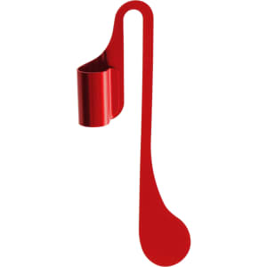 A red bookmark with a unique design featuring a curved handle and a cylindrical holder.