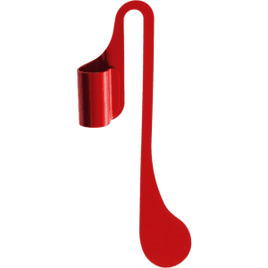 A red Melby Bookmark with a unique design featuring a large loop and a flat end. It has a sleek, modern appearance.