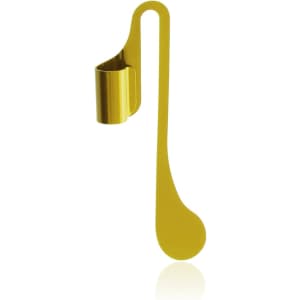 A yellow bookmark with a unique shape, featuring a clip at the top for holding pages.