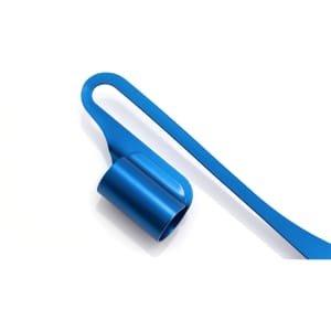 A blue Melby Bookmark with a sleek design, featuring a tubular clip and flat ribbon. It has a logo on the clip.