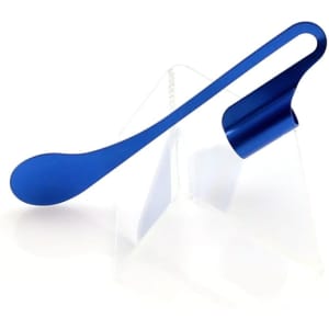 A blue metal bookmark with a rounded end and a hook for easy gripping, displayed on a clear stand.