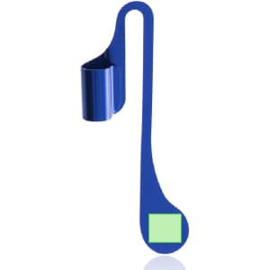 A blue Melby Bookmark with a cylindrical holder and a flat end featuring a green square.