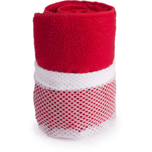 A rolled red towel with a white mesh band around the centre, suitable for gym use.