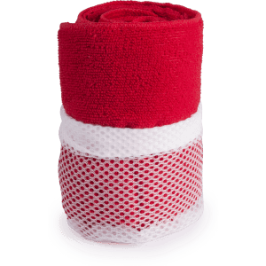 A rolled red gym towel with a white mesh band for secure storage. Features a logo on the towel.
