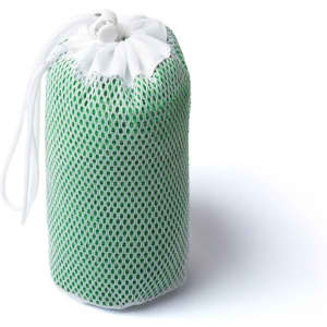 A green mesh bag with a white drawstring, designed for storing gym towels.