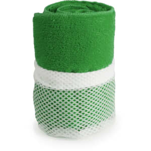 A green towel rolled with a white mesh around it, featuring a logo on the mesh layer.