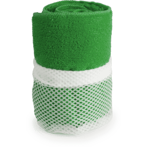A rolled green towel with a white mesh band, designed for gym use. It features a branding logo.