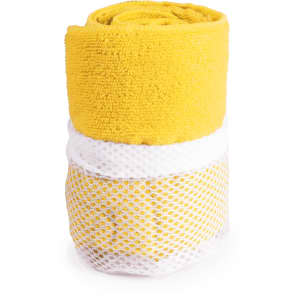 A rolled gym towel in vibrant yellow with a white mesh layer, featuring a brand logo.