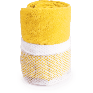 A rolled yellow gym towel with a white mesh band around it, designed for sports and outdoor activities.