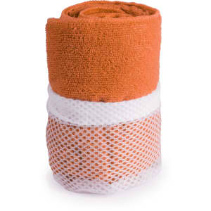 An orange gym towel rolled and secured with a white mesh band. It has a textured surface and a breathable design.