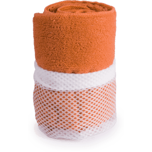 An orange towel wrapped with a white mesh band, featuring a logo. Ideal for gym and outdoor activities.