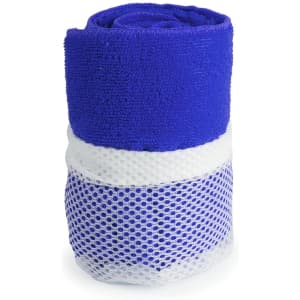 A rolled gym towel in blue with a white mesh section at the bottom, featuring a simple branding logo.
