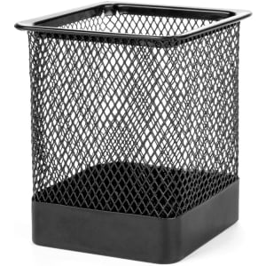 A black mesh pencil holder with a square shape, featuring a solid base and open-top design. It has a logo on it.
