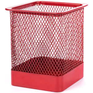 A red metal pencil holder with a mesh design and a square base, ideal for office organisation.