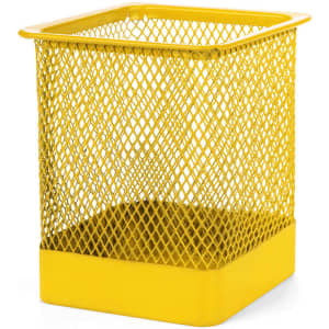 A square, yellow wire mesh pencil holder with a solid base, featuring a branded logo.