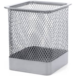A metallic silver pencil holder with a mesh design and a solid base. It has a square shape for holding stationery.