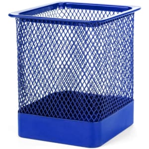 A blue mesh pencil holder with a square shape and a solid base, designed for office use.