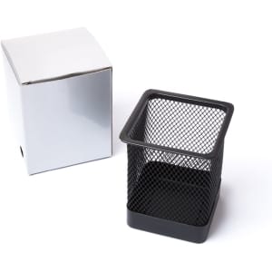 A black mesh pencil holder next to a silver packaging box, suitable for office use.