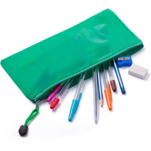 A green pencil case featuring various stationery items including pens, pencils, an eraser, and a sharpener.