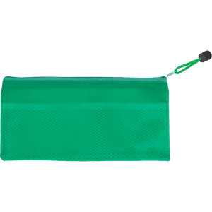 A green pencil case with a mesh panel and zip closure, featuring a pull tab for easy opening.