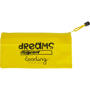 A yellow pencil case with a textured design and a playful logo. It features a zip closure and a small loop.